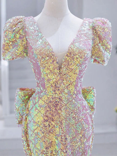 Pink Mermaid V-neck Short Sleeve Prom Dress