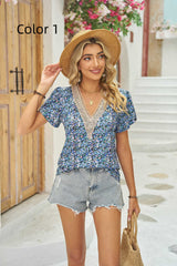 Lace V-neck Short Sleeve Print T-shirt