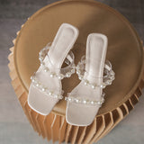 Thick Heel Pearl Crystal Sandals Slipper