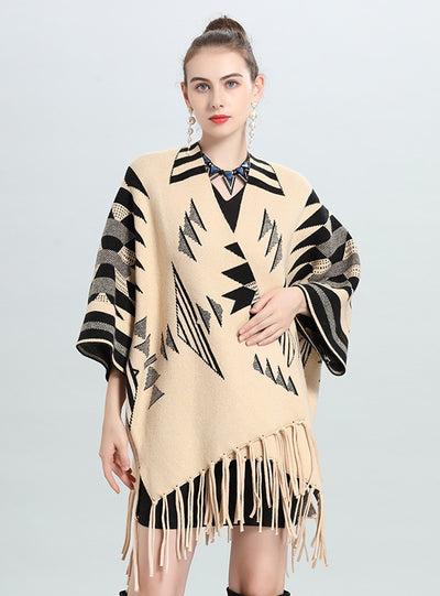 Loose Jacquard Knit Cardigan Fringed Shawl