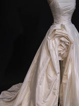 Ivory Satin Strapless Pleats Flower Wedding Dress