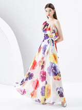 One Shouldered Chiffon Floral Dress