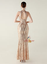 Mermaid Sequins Halter Backless Beading Prom Dress