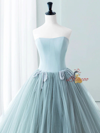 Blue Satin Tulle Strapless Beading Prom Dress