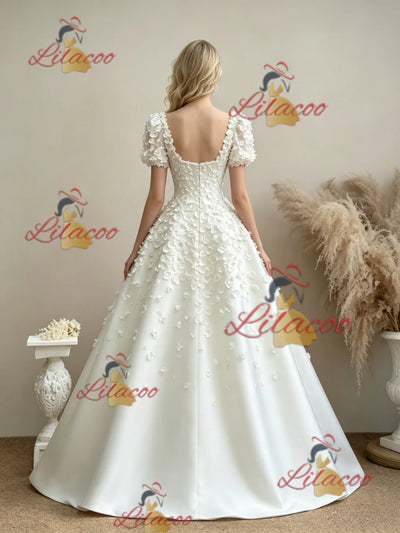 White Puff Sleeve Flower Wedding Dress