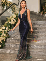 Navy Blue Sequins V-neck Prom Dress