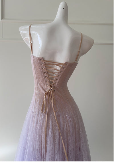 Purple Lace Straps Pleats Prom Dress