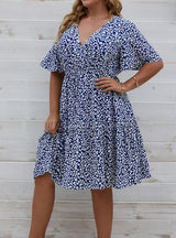 V-neck Bat Sleeve Printed Casual Plus Size Dress