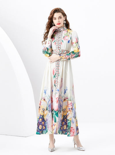 Retro Printed Slim Long Sleeve Dress