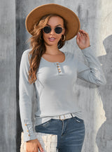 Round Neck Long Sleeve Solid Color T-shirt