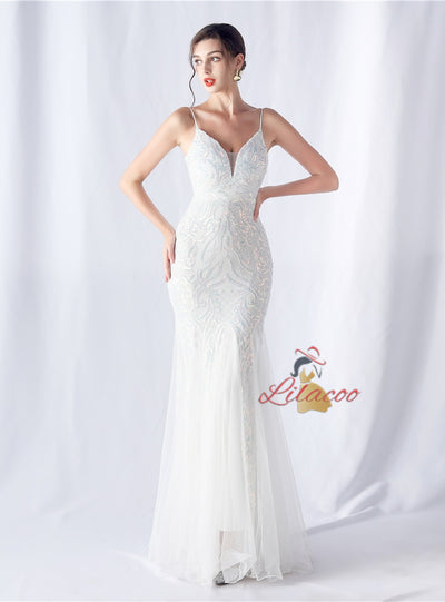 Mermaid Sequins Tulle Spaghetti Straps Prom Dress