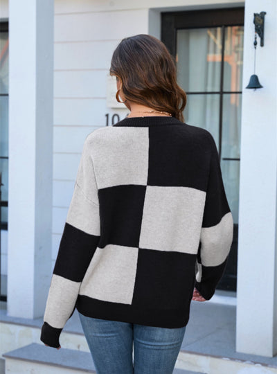 Casual Round Neck Plaid Sweater