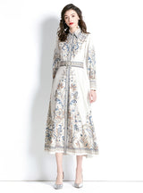 Retro Lapel Lantern Sleeve Printed Dress