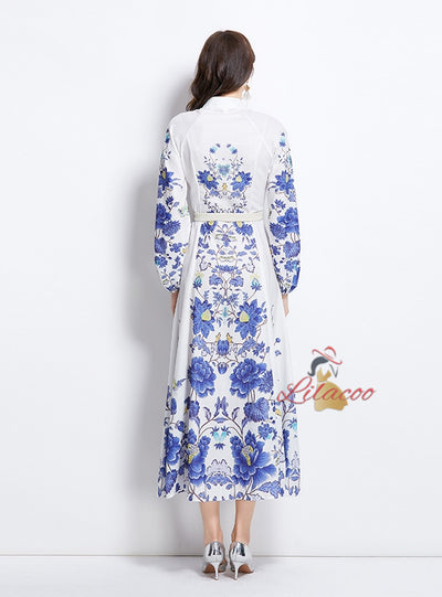 National Style Pattern Stand-up Long Dress