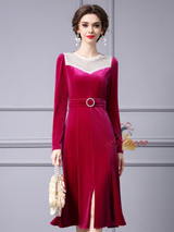 Fuchsia Velvet Long Sleeve Mother Of The Bride Dress