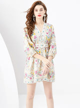 V-neck Lantern Sleeve Retro Printed Mini Dress