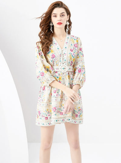 V-neck Lantern Sleeve Retro Printed Mini Dress
