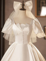 White Satin Short Sleeve Button Wedding Dress