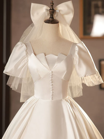 White Satin Short Sleeve Button Wedding Dress