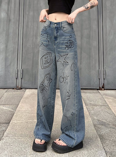Star Graffiti Blue High-waisted Jeans