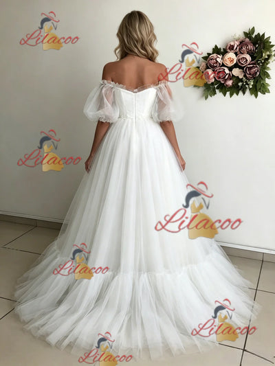 White Tulle Puff Sleeve Off the Shoulder Wedding Dress