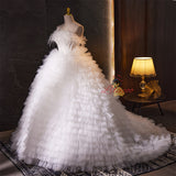 White Tulle Tiers Strapless Wedding Dress