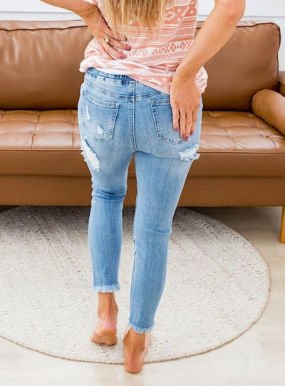 High Waist Holes Elastic Waist Jeans