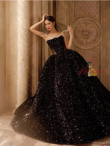 Black Sequins Strapless Beading Prom Dress