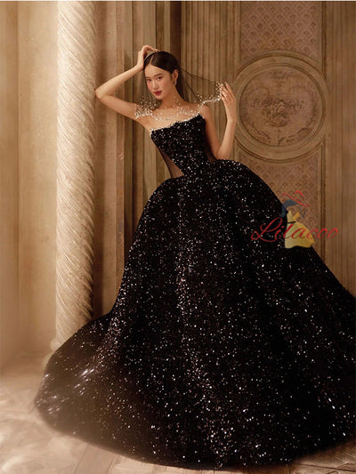 Black Sequins Strapless Beading Prom Dress