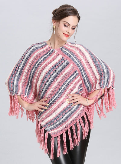 Fringed Diagonal Striped Cloak Shawl