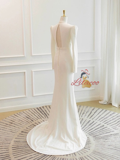 White Mermaid V-neck Long Sleeve Wedding Dress