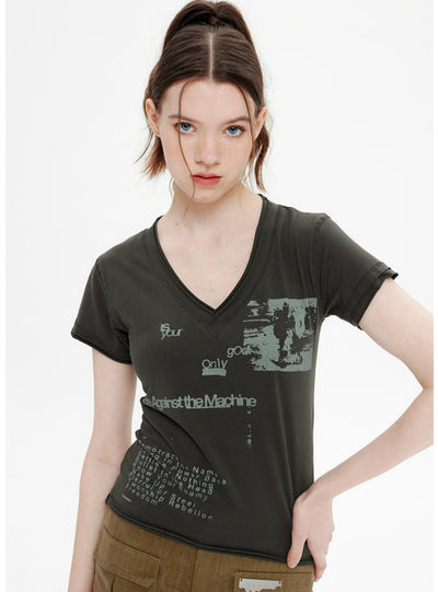 Retro Printed V-neck Short Sleeve T-shirt