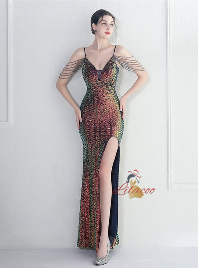 Mermaid Sequins Spaghetti Straps Beading Prom Dress