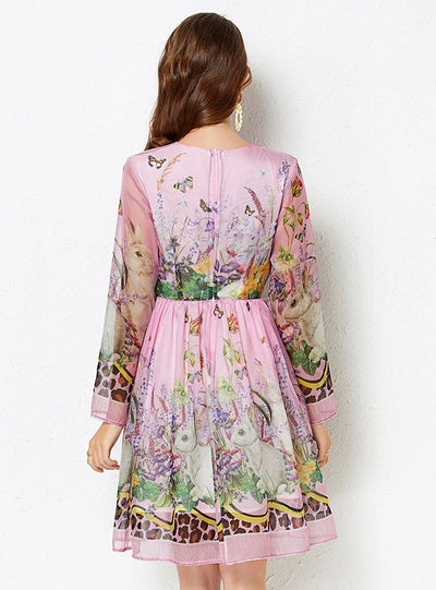 Round Neck Long Sleeve Purple Print Dress