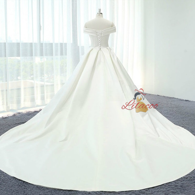 White Satin Off The Shoulder Pleats Wedding Dress