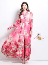 Flower Print Shirt Neck Long Sleeve Dress