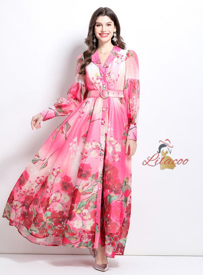 Flower Print Shirt Neck Long Sleeve Dress