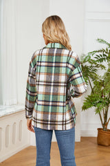 Button Lapel Loose Long Sleeve Plaid Woolen Coat