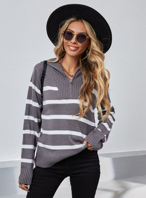 High Neck Striped Long Sleeve Zipper Sweater