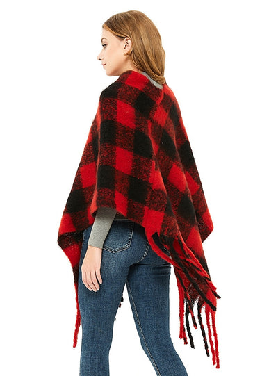 Thick Tassels Padded Plaid Shawl Cloak