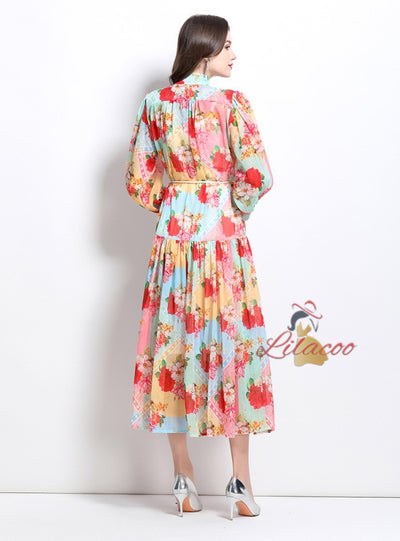 Contrast Retro Lantern Sleeve Printed Dress