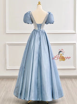 Blue Satin Puff Sleeve Sequins Prom Dress