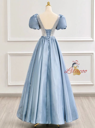 Blue Satin Puff Sleeve Sequins Prom Dress