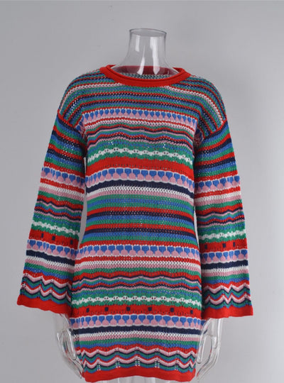 Hollow Stitching Long Rainbow Knit Dress