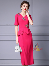 Fuchsia Short Sleeve Crystal Mother Of The Bride Dress