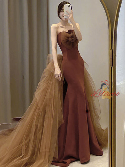 Sexy Caramel Mermaid Tulle Strapless Prom Dress