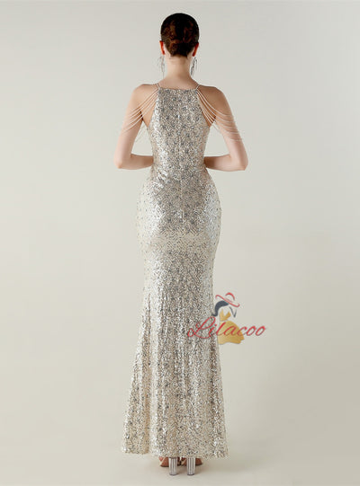 Mermaid Sequins Halter Beading Prom Dress