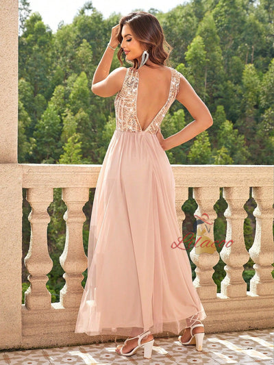 Sexy Contrast Sequined Slit Dress