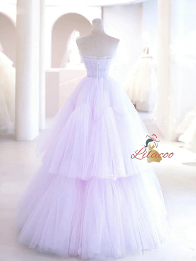 Light Purple Tulle Pleats Beading Prom Dress