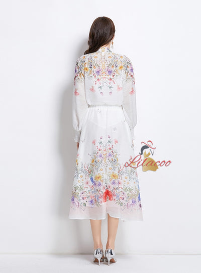 Set Lantern Sleeve Printed Shirt+Skirt Two-piece Suit